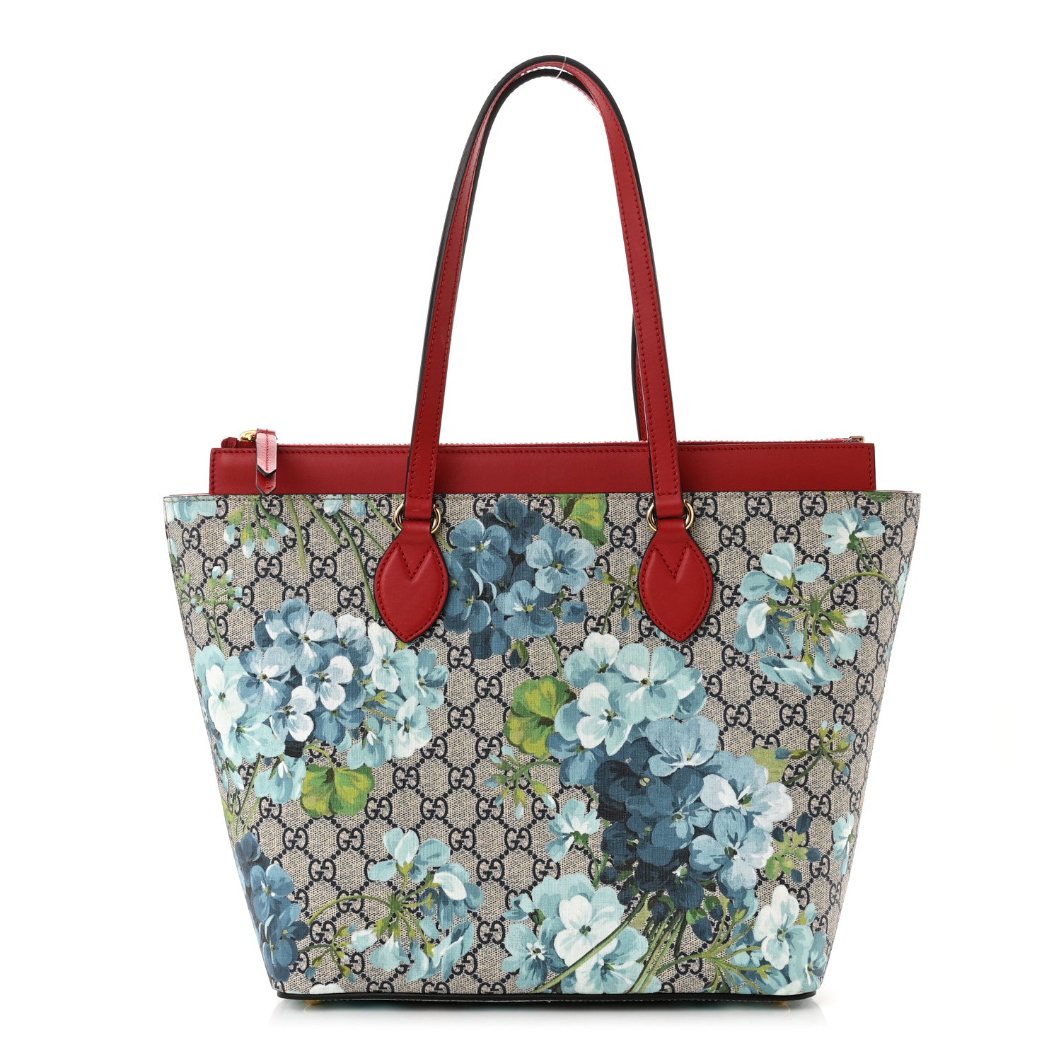 Gucci GG Supreme Monogram Blooms Medium Zippered Bucket Tote Beige Blue Navy Hibiscus Red 1 of 13