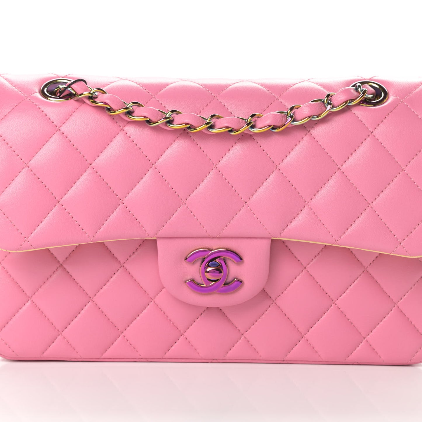 Lambskin Quilted Small Double Flap Pink Yellow