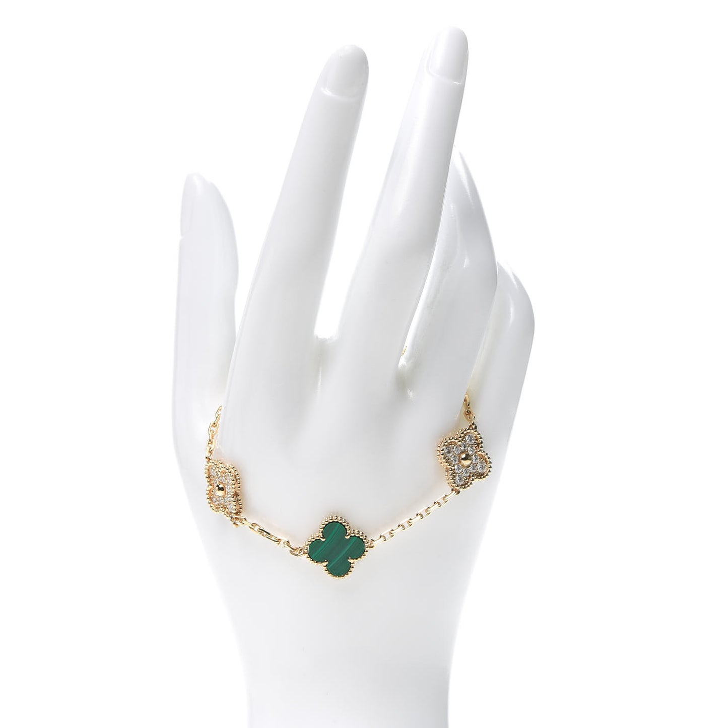18K Yellow Gold Diamond Malachite 5 Motifs Vintage Alhambra Bracelet