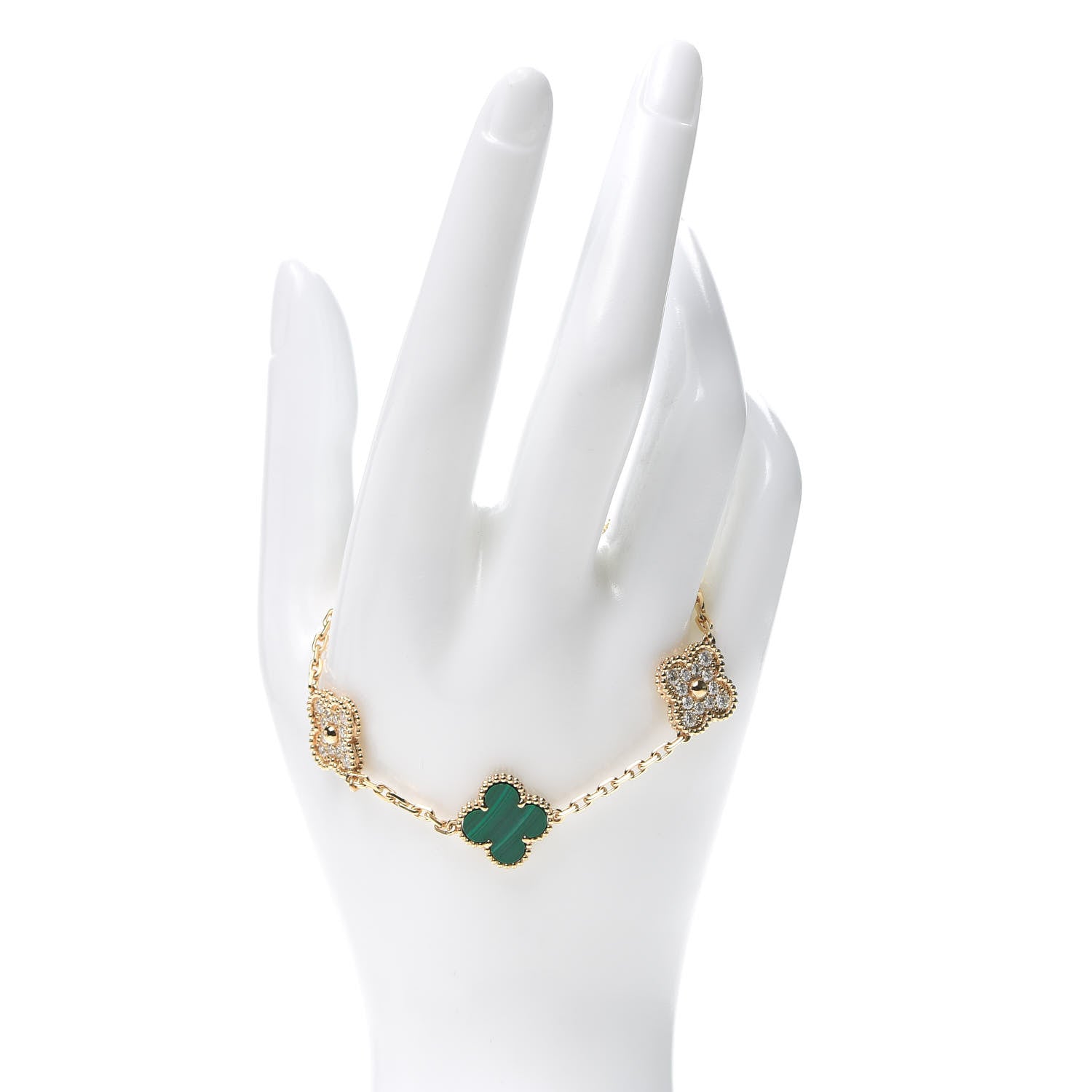 Van Cleef & Arpels 18K Yellow Gold Diamond Malachite 5 Motifs Vintage Alhambra Bracelet 2 of 9