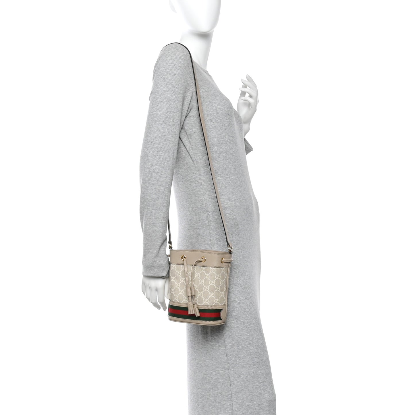 GG Supreme Monogram Textured Calfskin Web Mini Ophidia Bucket Bag Beige Ebony Mystic White Oatmeal