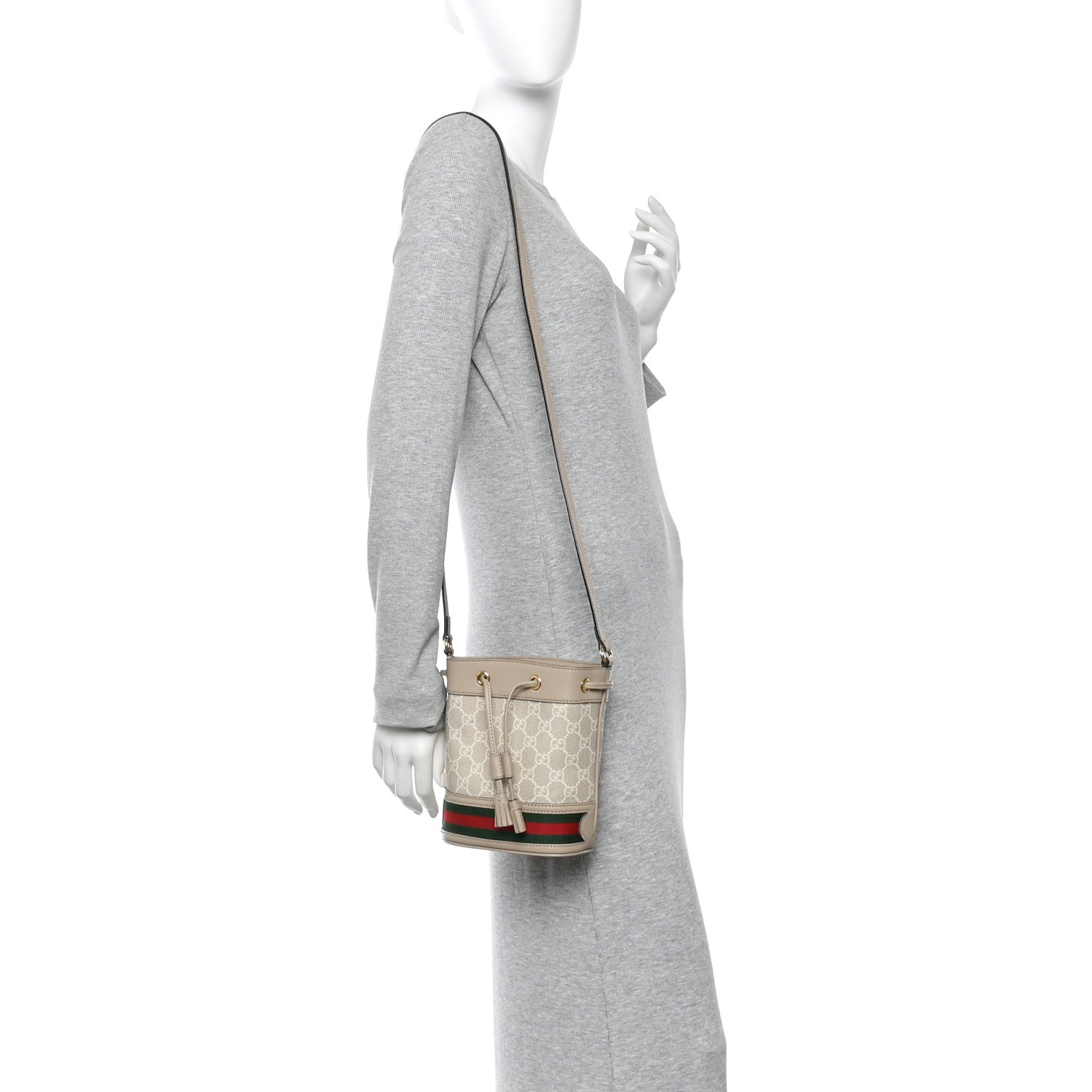 Gucci GG Supreme Monogram Textured Calfskin Web Mini Ophidia Bucket Bag Beige Ebony Mystic White Oatmeal 2 of 14