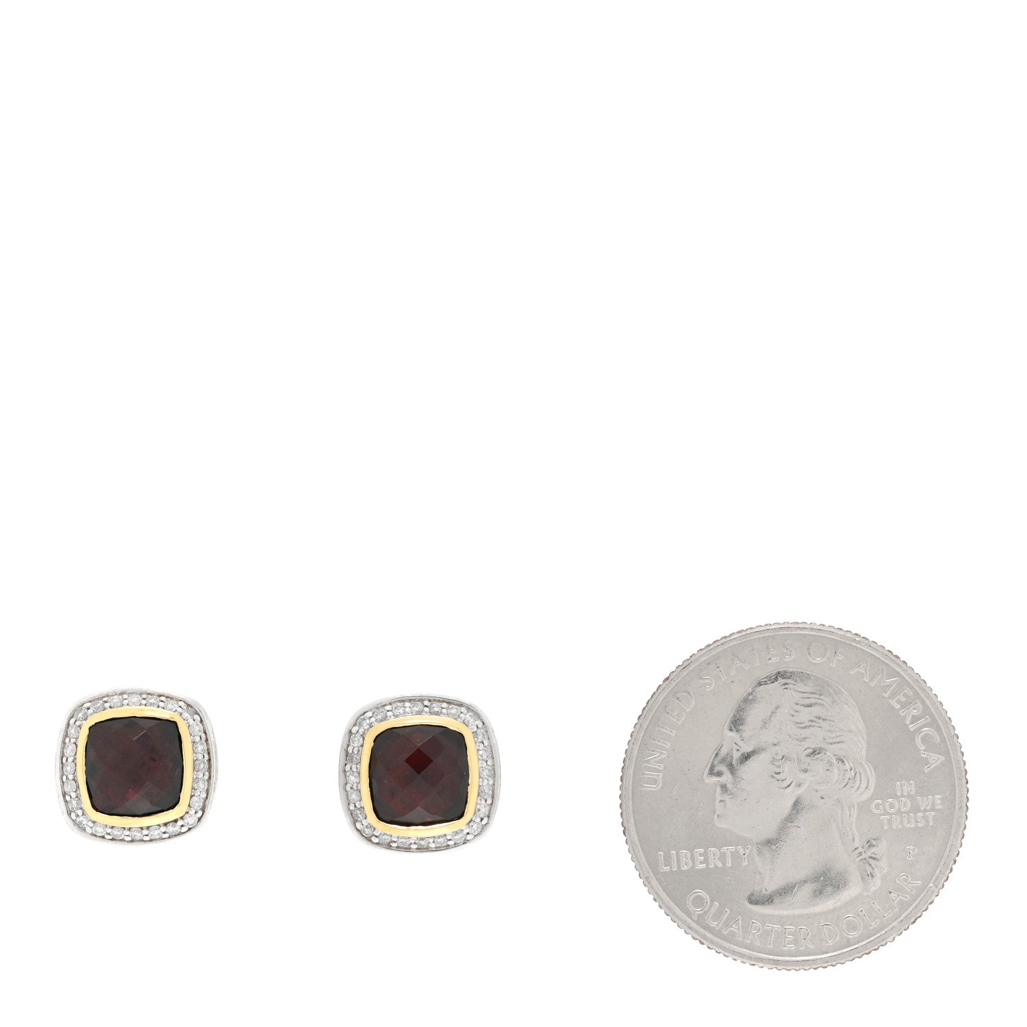David Yurman Sterling Silver 18K Yellow Gold Diamond Garnet 7mm Petite Albion Earrings 2 of 4