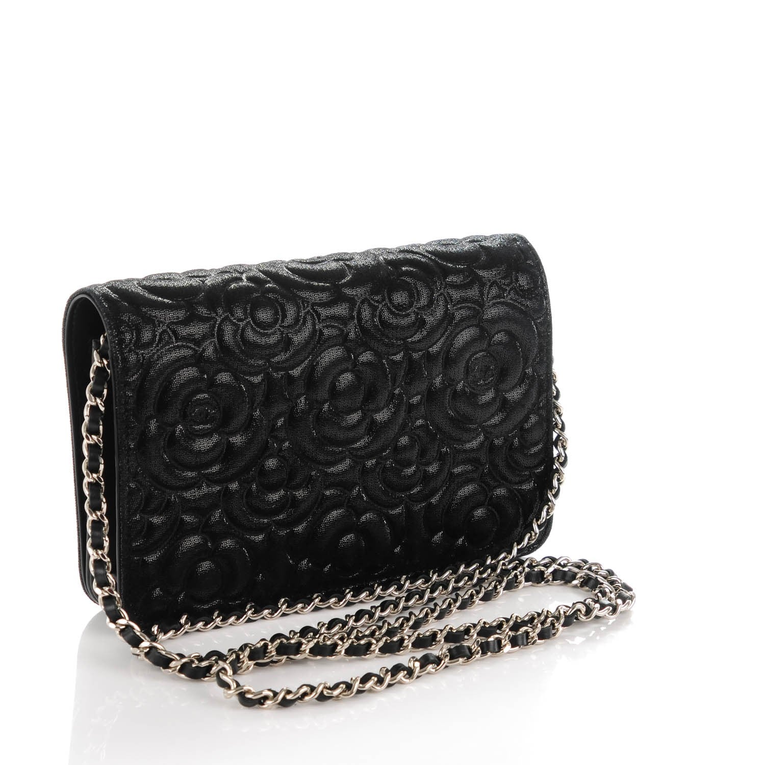 Chanel Iridescent Calfskin Camellia Embossed Wallet on Chain WOC Black 3 of 8