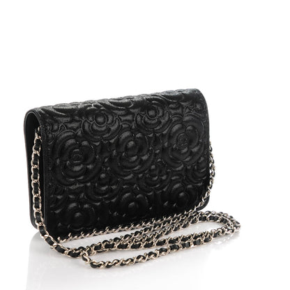 Chanel Iridescent Calfskin Camellia Embossed Wallet on Chain WOC Black 3 of 8