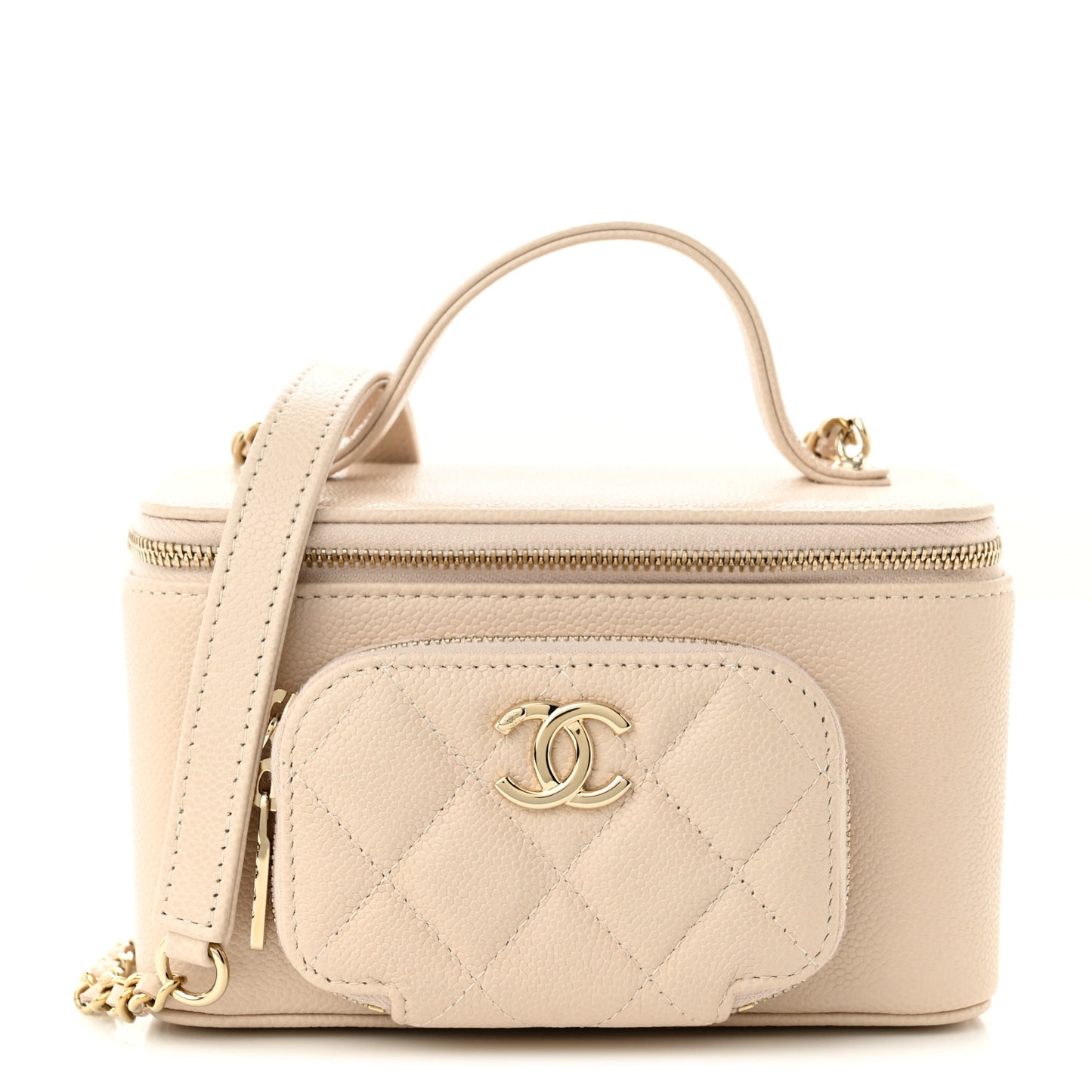 Caviar Quilted Top Handle Pocket Vanity Case Beige