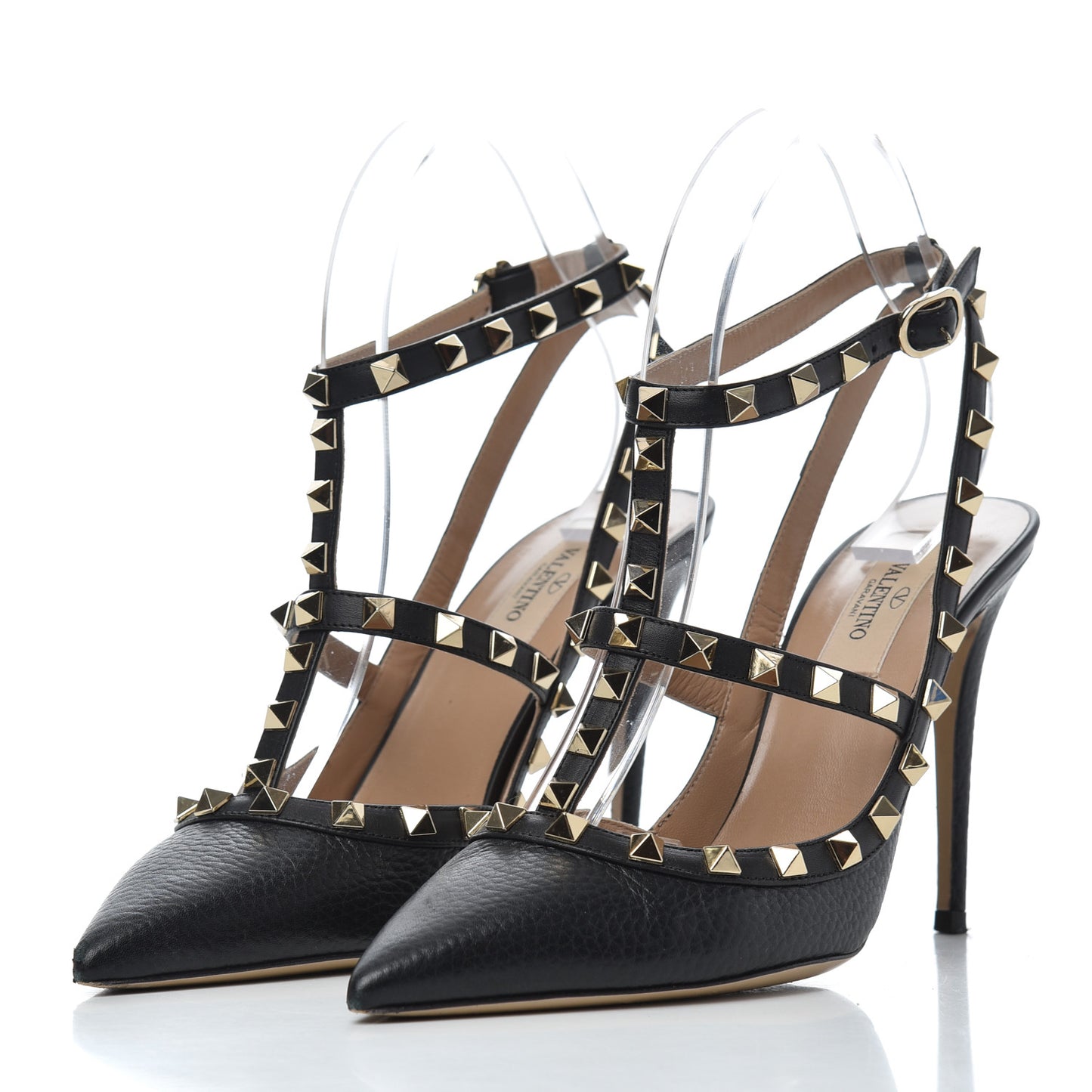 Pebbled Calfskin Rockstud Ankle Strap 100mm Pumps 38.5 Black