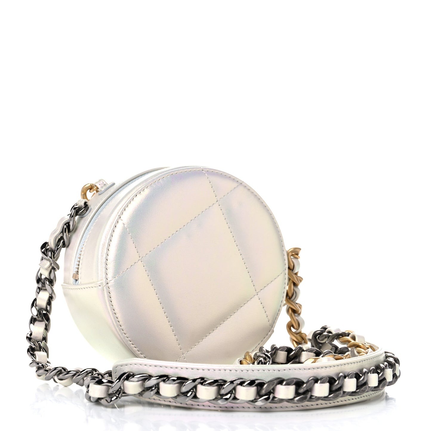Iridescent Calfskin Quilted Chanel 19 Round Clutch With Chain White