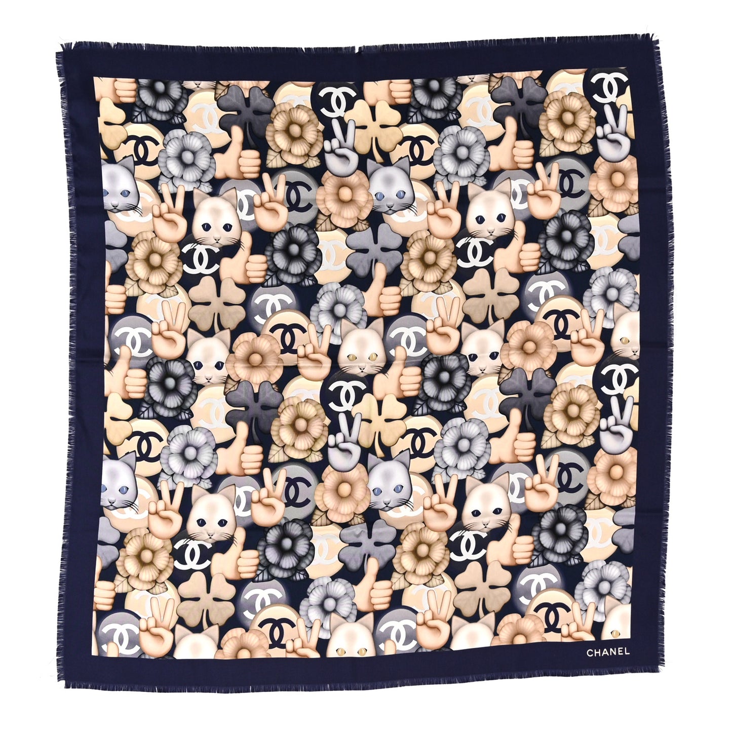 Silk Chiffon Cat Emoticon Square Scarf Beige Navy