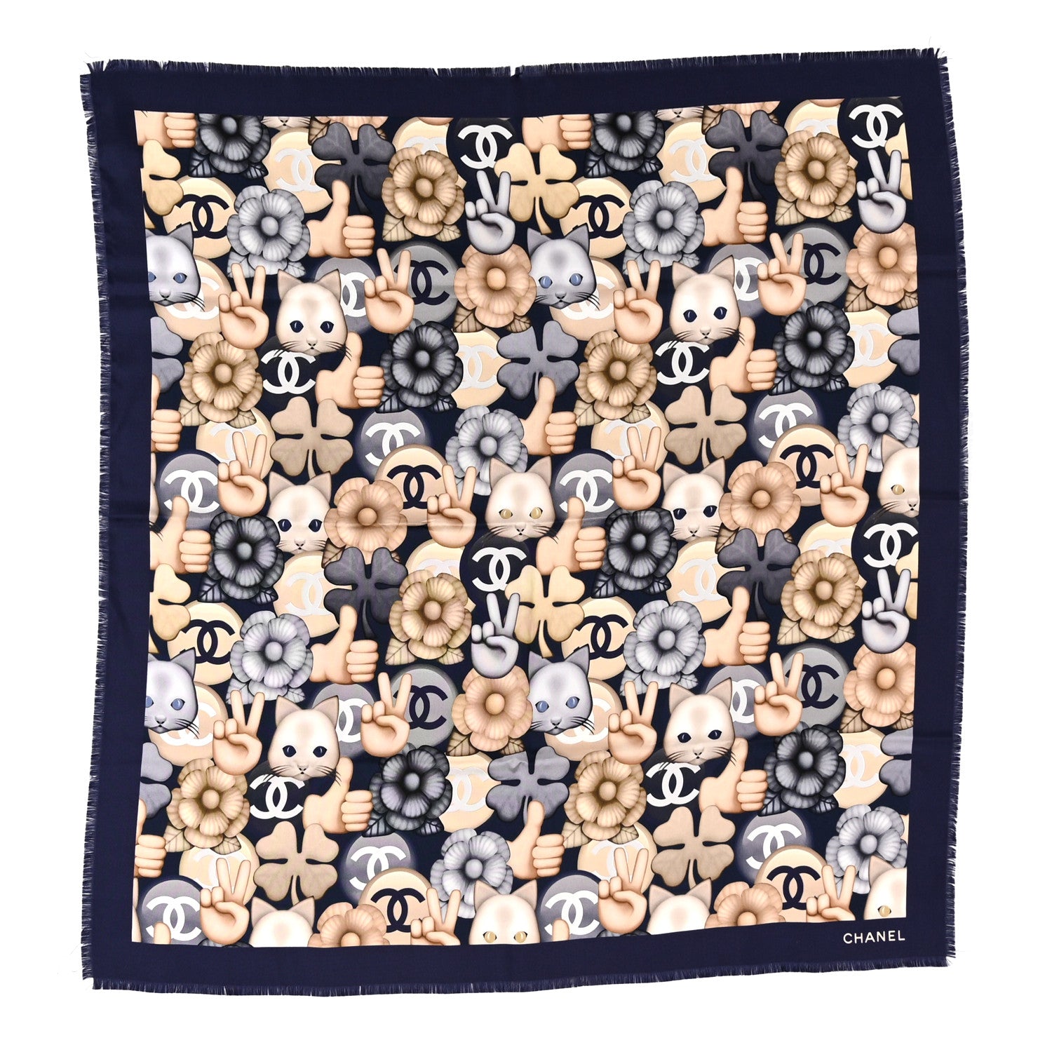 Chanel Silk Chiffon Cat Emoticon Square Scarf Beige Navy 1 of 8