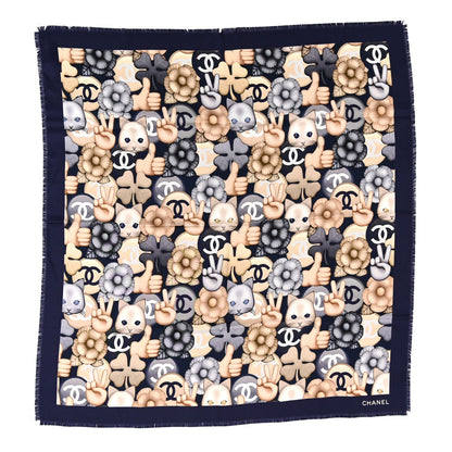 Chanel Silk Chiffon Cat Emoticon Square Scarf Beige Navy 1 of 8
