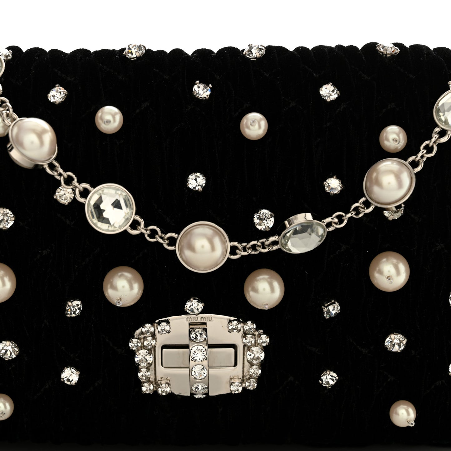 Velvet Matelasse Crystal Pearl Chain Shoulder Bag Black