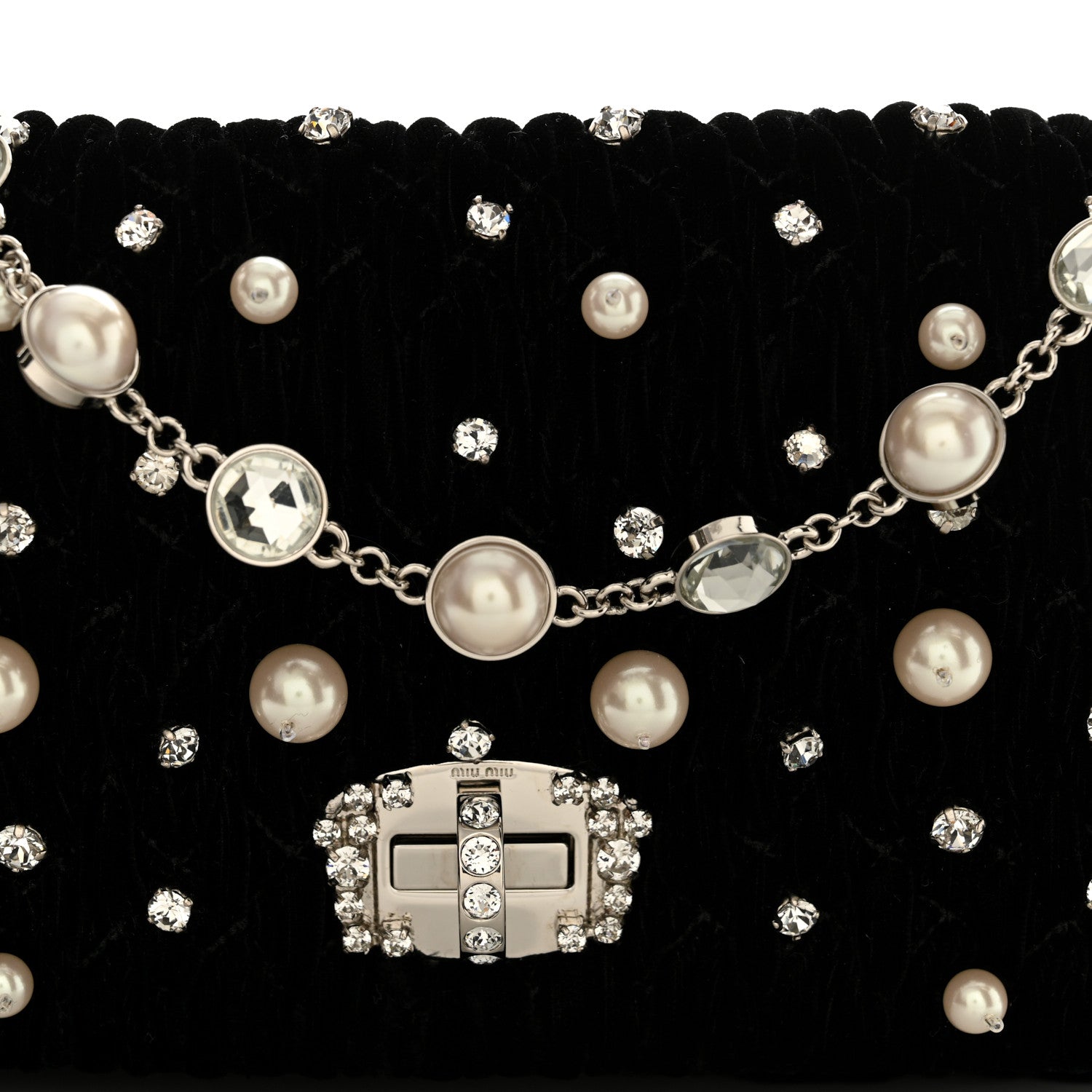 Miu Miu Velvet Matelasse Crystal Pearl Chain Shoulder Bag Black 8 of 10