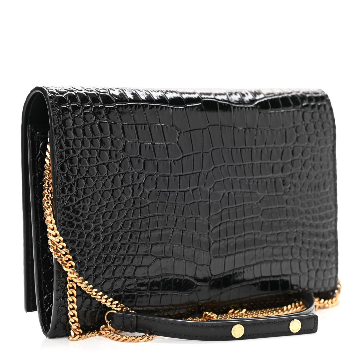 Calfskin Crocodile Embossed Monogram Chain Wallet Black