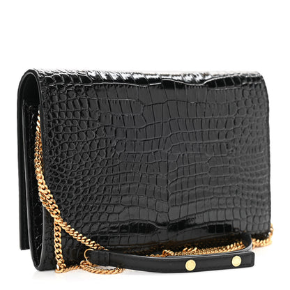Saint Laurent Calfskin Crocodile Embossed Monogram Chain Wallet Black 3 of 9