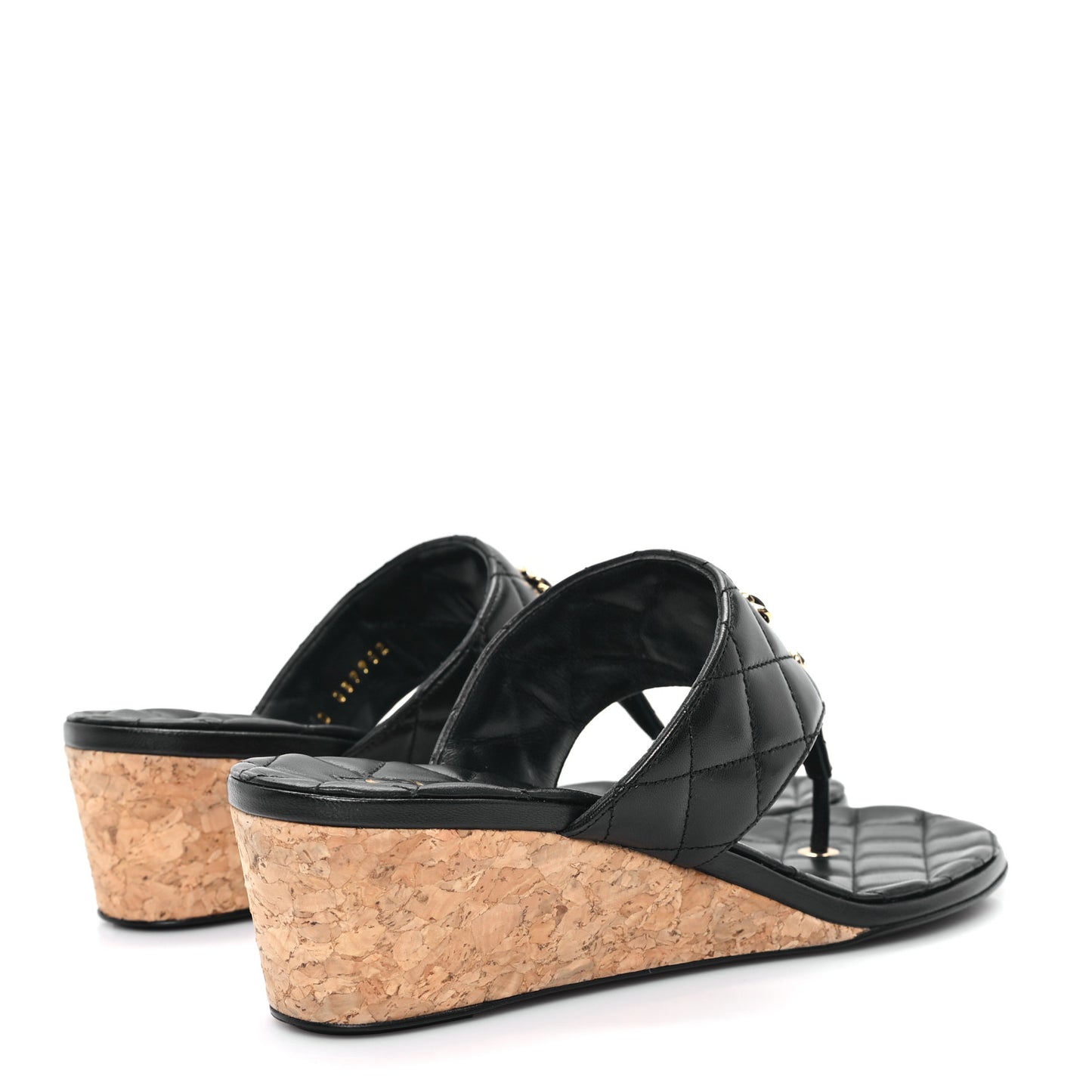 Shiny Goatskin Cork CC Wedge Sandals 39 Black