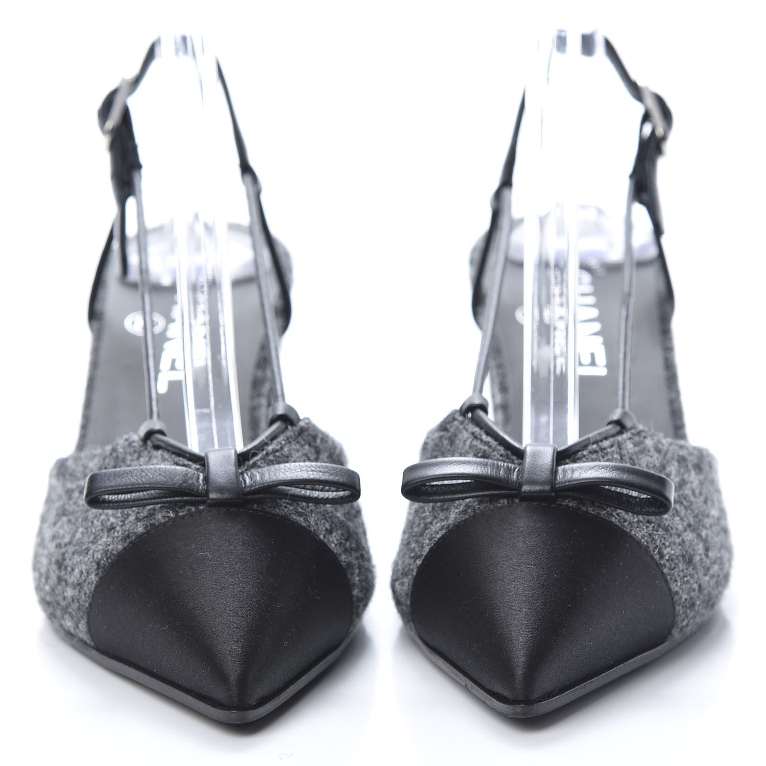 Chanel Tweed Satin Cap Toe CC Slingback Pumps 37.5 Black Grey 2 of 9