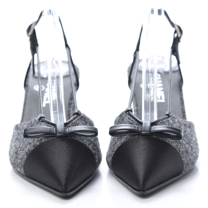 Chanel Tweed Satin Cap Toe CC Slingback Pumps 37.5 Black Grey 2 of 9