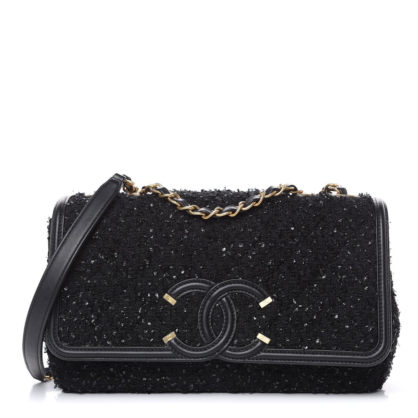 Tweed Calfskin Quilted Medium CC Filigree Flap Black