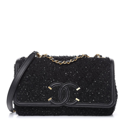 Chanel Tweed Calfskin Quilted Medium CC Filigree Flap Black 1 of 10