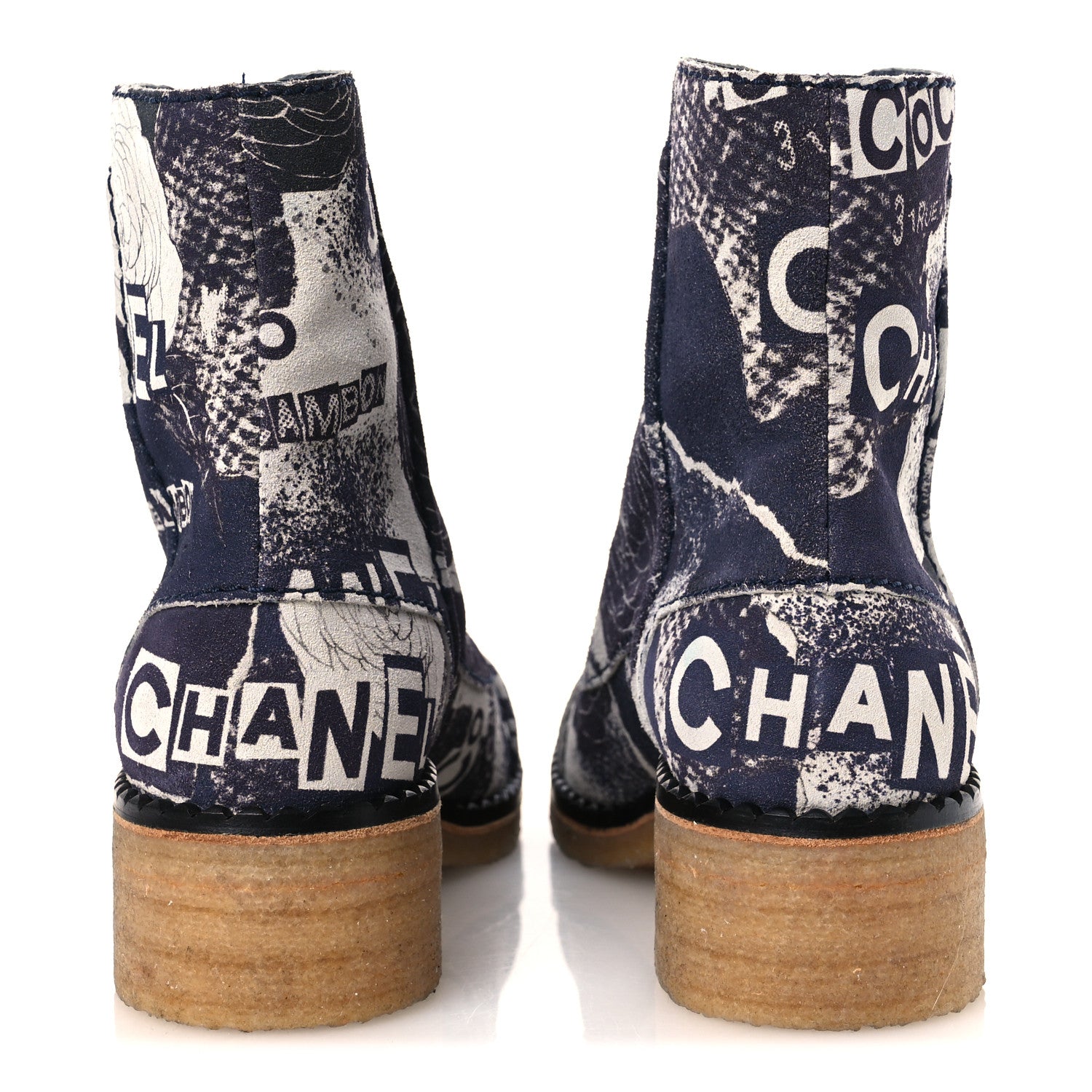 Chanel Suede Calfskin Printed CC 31 Rue Cambon Lace Up Combat Boots 39.5 White Navy 6 of 12