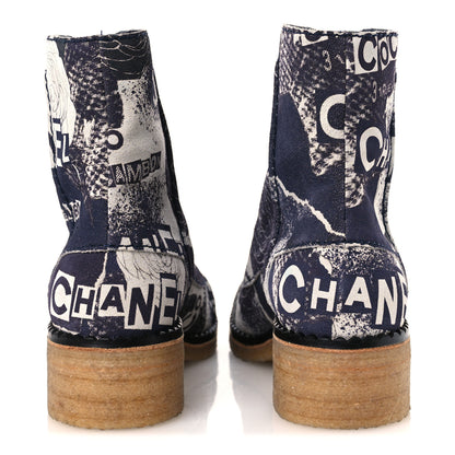 Chanel Suede Calfskin Printed CC 31 Rue Cambon Lace Up Combat Boots 39.5 White Navy 6 of 12