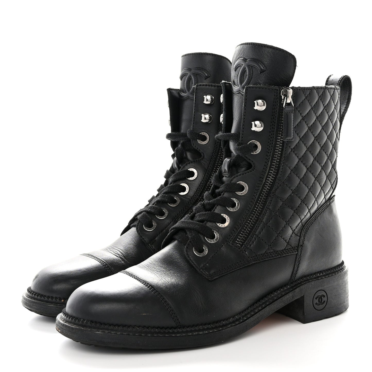 Shiny Goatskin Calfskin Quilted Lace Up Combat Boots 40 Black