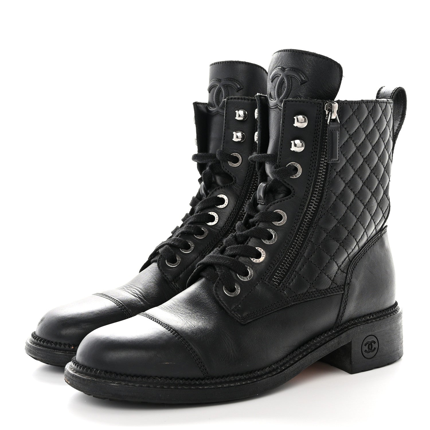 Chanel Shiny Goatskin Calfskin Quilted Lace Up Combat Boots 40 Black 3 of 12
