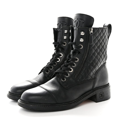Chanel Shiny Goatskin Calfskin Quilted Lace Up Combat Boots 40 Black 3 of 12