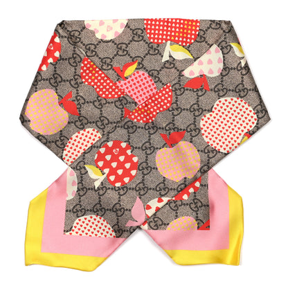 Gucci Silk Twill GG Monogram GG Apple Hearty VD Neck Bow Scarf Beige Pink 1 of 3