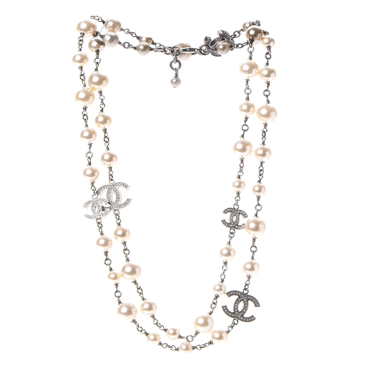 Chanel Crystal Pearl CC Long Necklace Silver 3 of 6