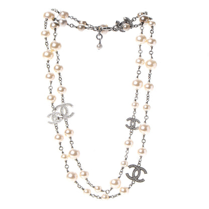 Chanel Crystal Pearl CC Long Necklace Silver 3 of 6