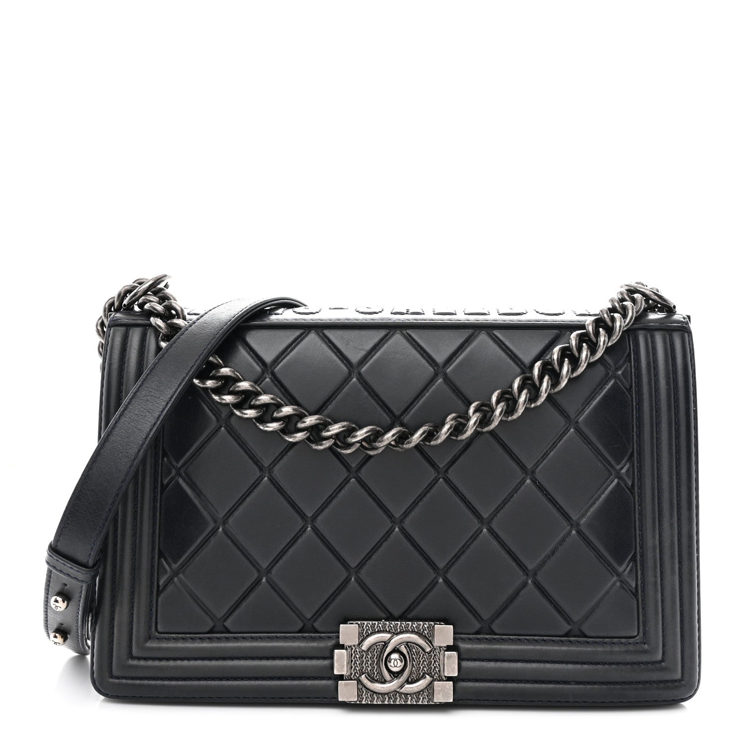 Chanel Calfskin Embossed New Medium Paris Salzburg Boy Flap Navy 1 of 11