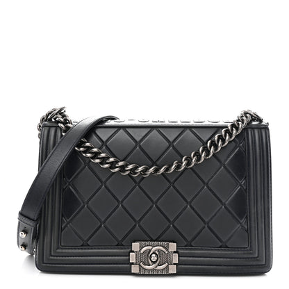 Chanel Calfskin Embossed New Medium Paris Salzburg Boy Flap Navy 1 of 11