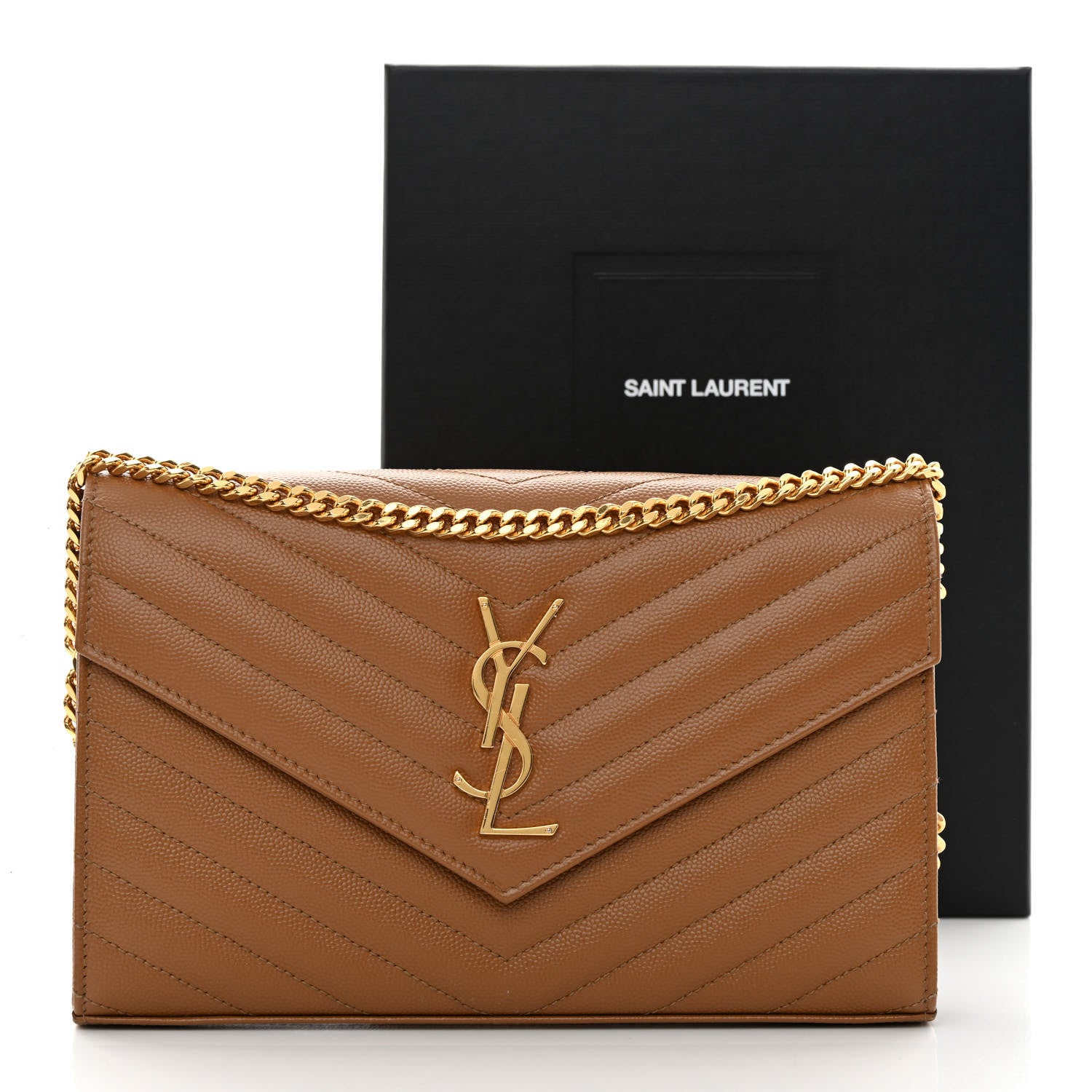 Saint Laurent Grain De Poudre Matelasse Chevron Monogram Chain Wallet Dark Natural 13 of 13