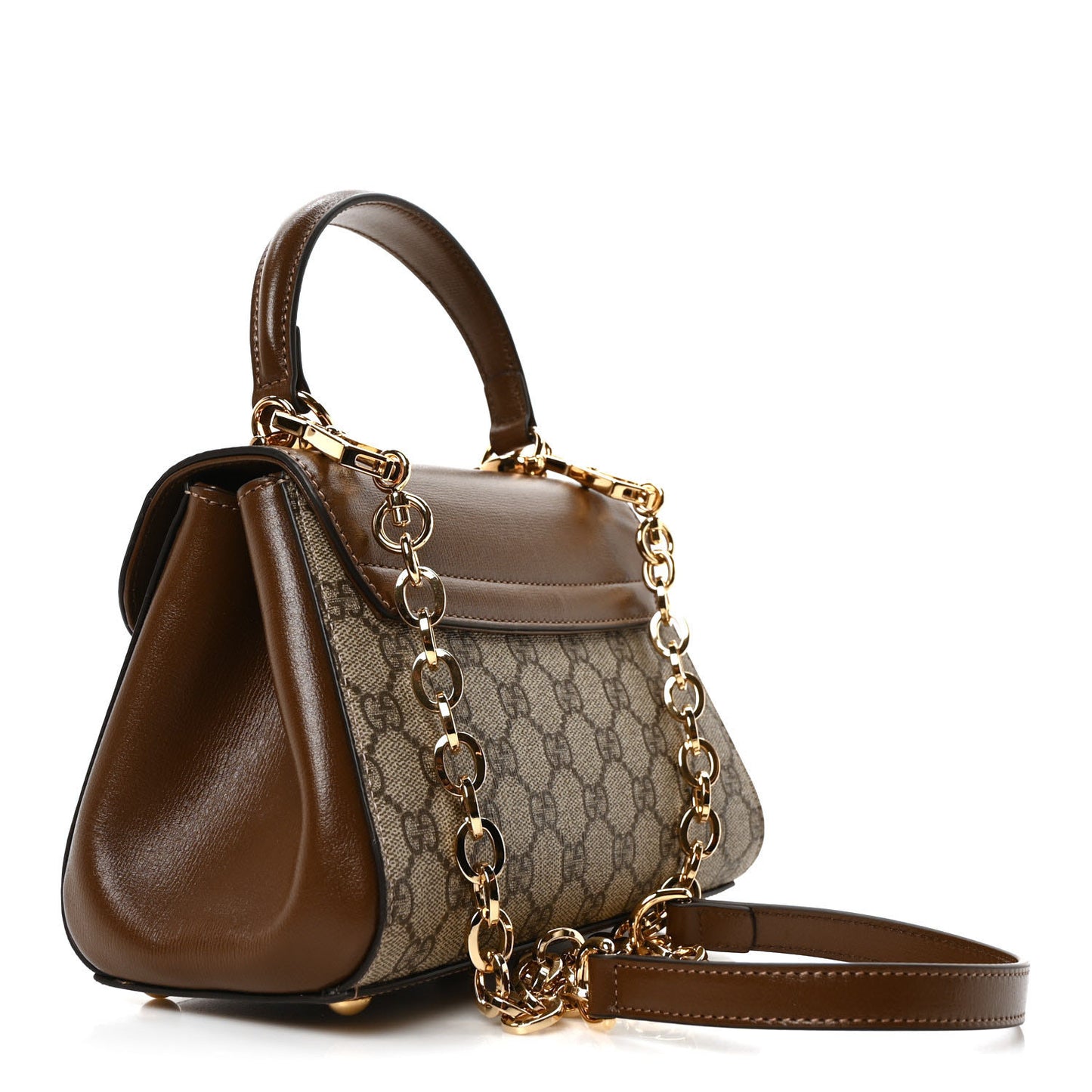 GG Supreme Monogram Azalea Calfskin Mini Horsebit 1955 Top Handle Flap Bag Beige Ebony Brown Sugar