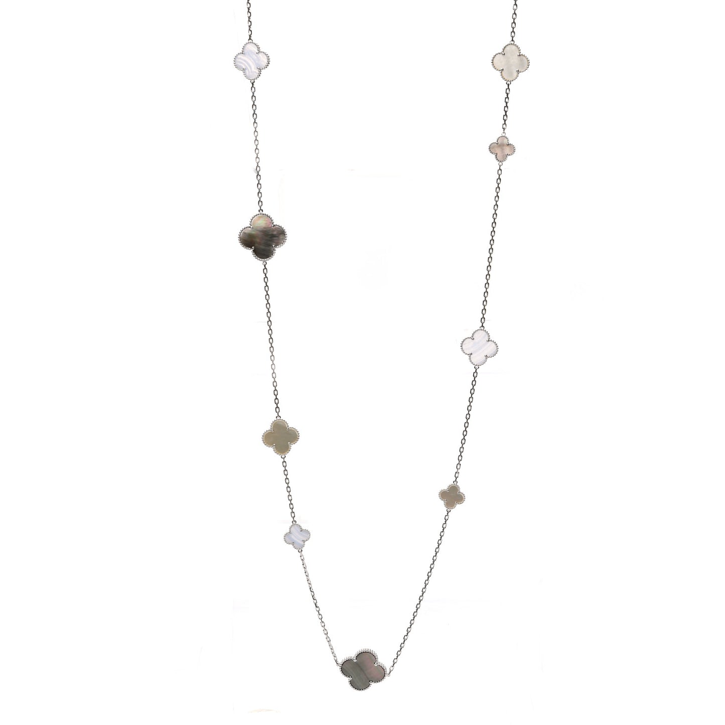 18K White Gold Mother of Pearl Chalcedony 16 Motifs Magic Alhambra Necklace