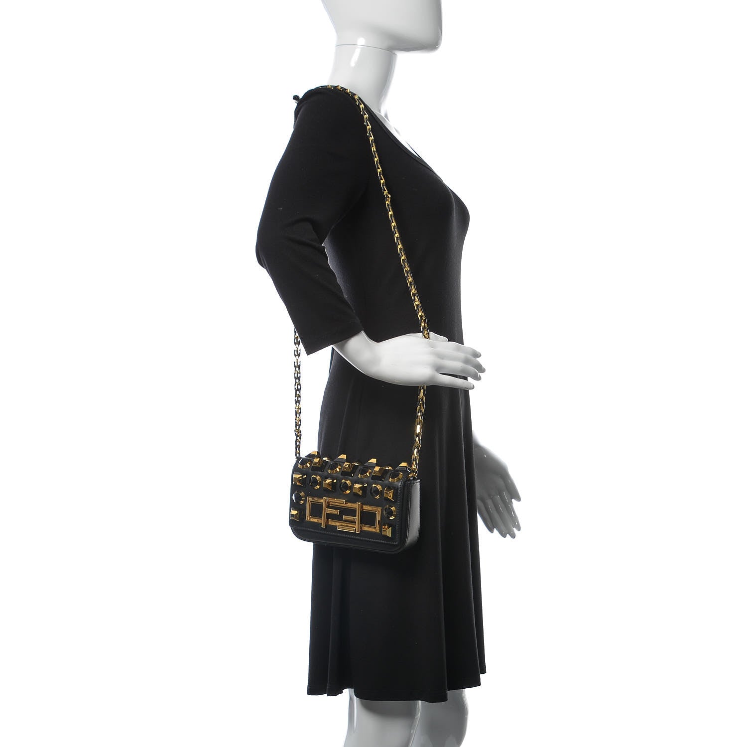 Fendi Vitello Dolce Studded Mini 3Baguette Shoulder Bag Black Gold 2 of 9