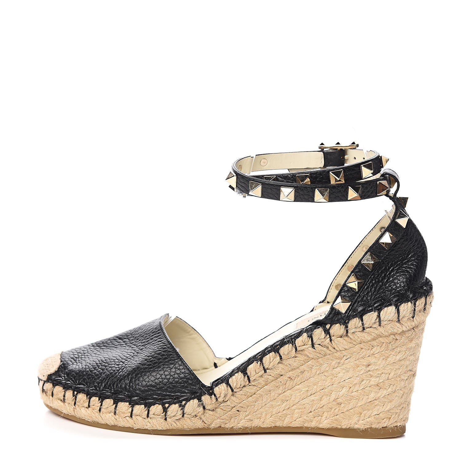 Valentino Garavani Grained Calfskin Rockstud Ankle Wrap Espadrille 15/85mm Wedges 36 Black Light Ivory 1 of 9