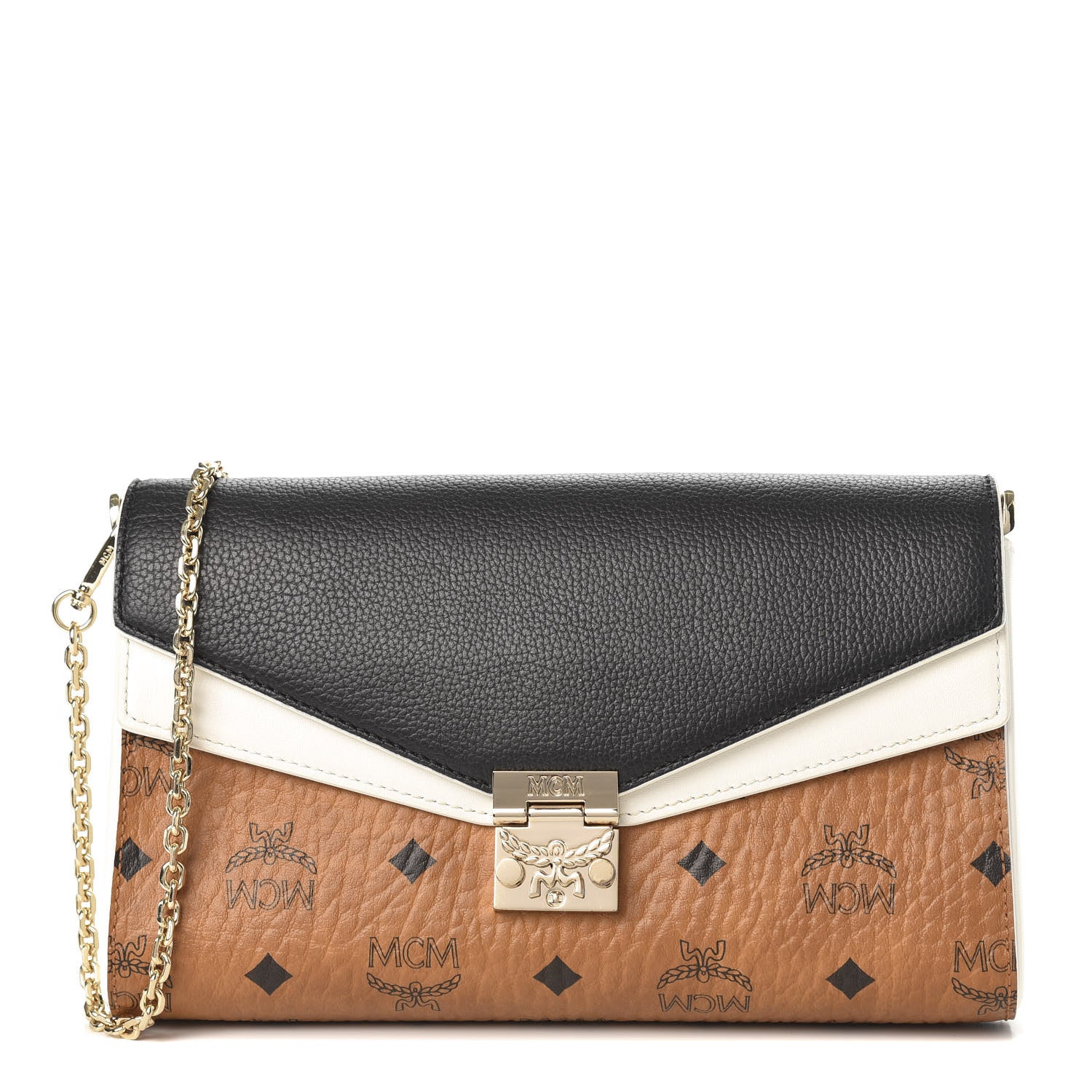 MCM Calfskin Visetos Monogram Millie Color Block Crossbody Bag Cognac Black 1 of 9