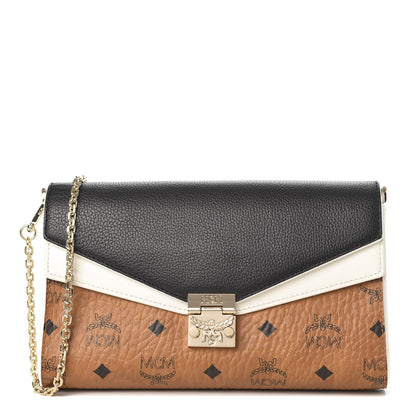 MCM Calfskin Visetos Monogram Millie Color Block Crossbody Bag Cognac Black 1 of 9