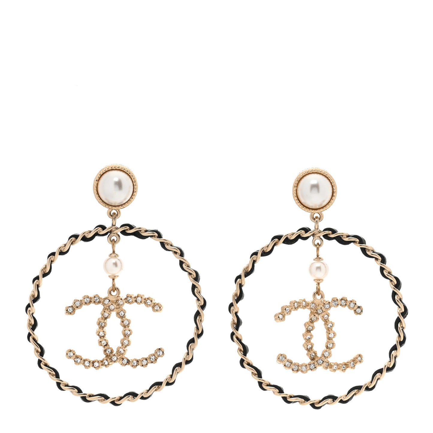 Lambskin Crystal Pearl CC Drop Earrings Gold Black