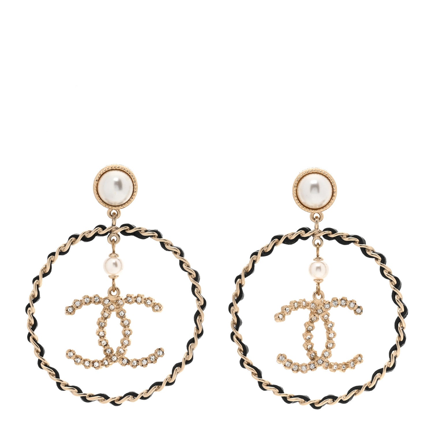 Chanel Lambskin Crystal Pearl CC Drop Earrings Gold Black 1 of 5