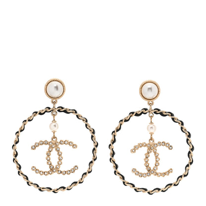 Chanel Lambskin Crystal Pearl CC Drop Earrings Gold Black 1 of 5