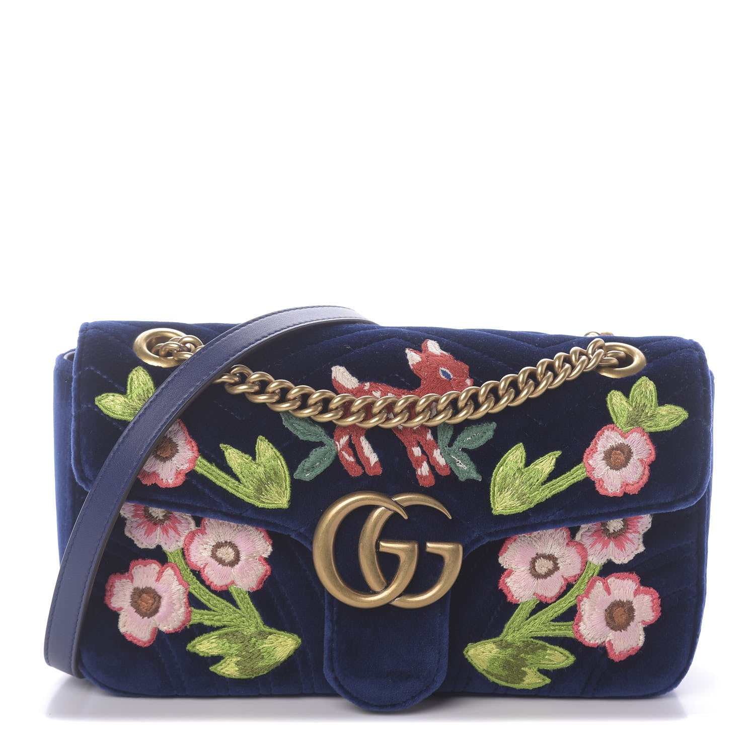 Gucci Velvet Matelasse Deer Embroidered Small GG Marmont Shoulder Bag Cobalt 1 of 8