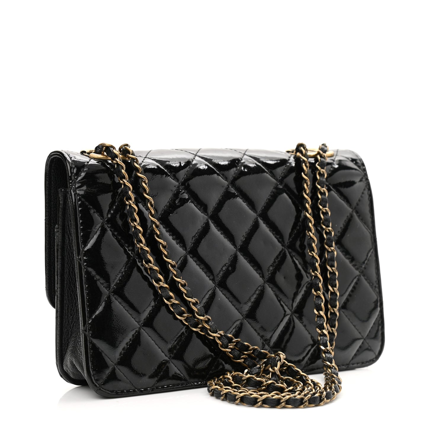 Patent Goatskin Quilted CC Eyelet Wallet On Chain WOC Black