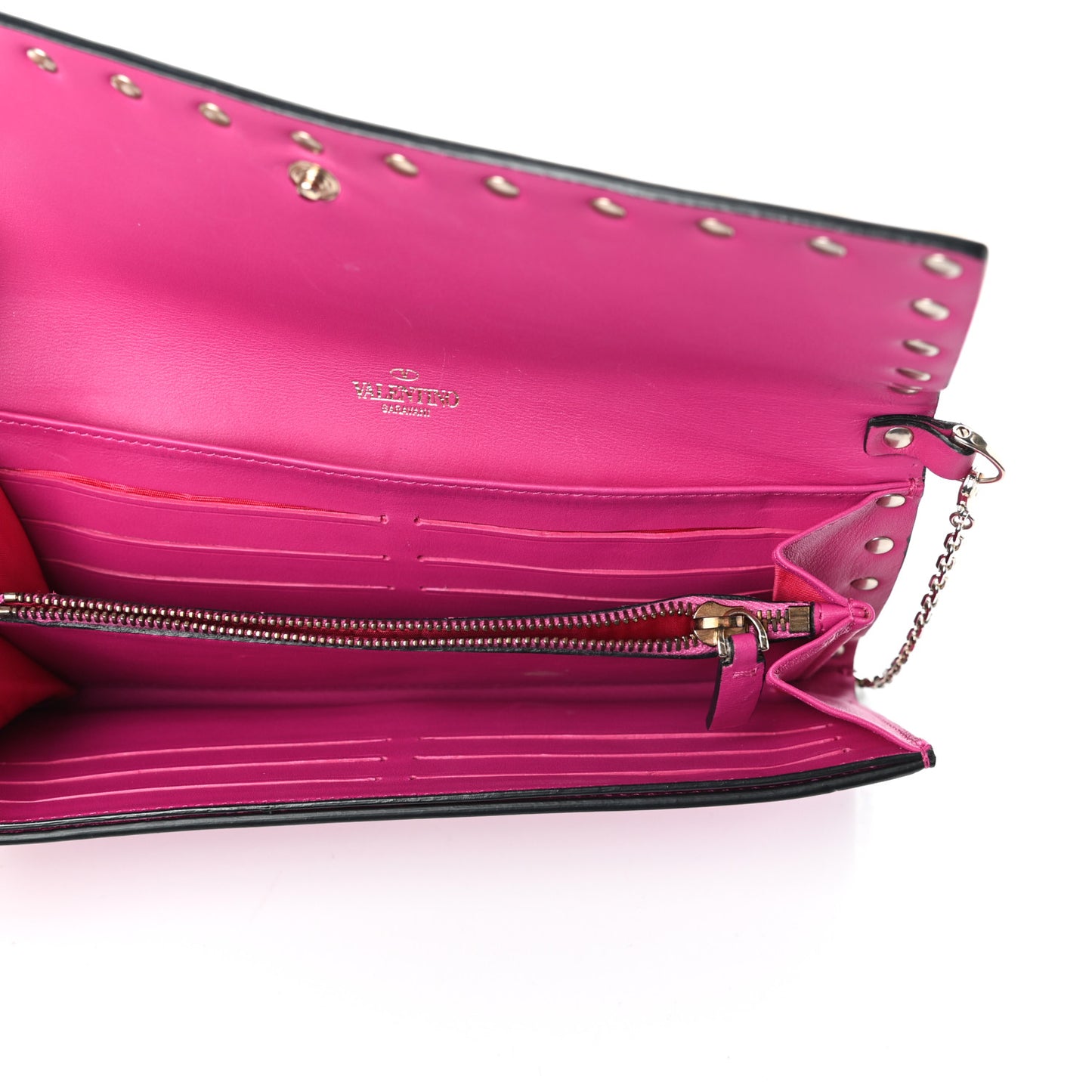 Calfskin Rockstud Flap Wallet On Chain Fuxia