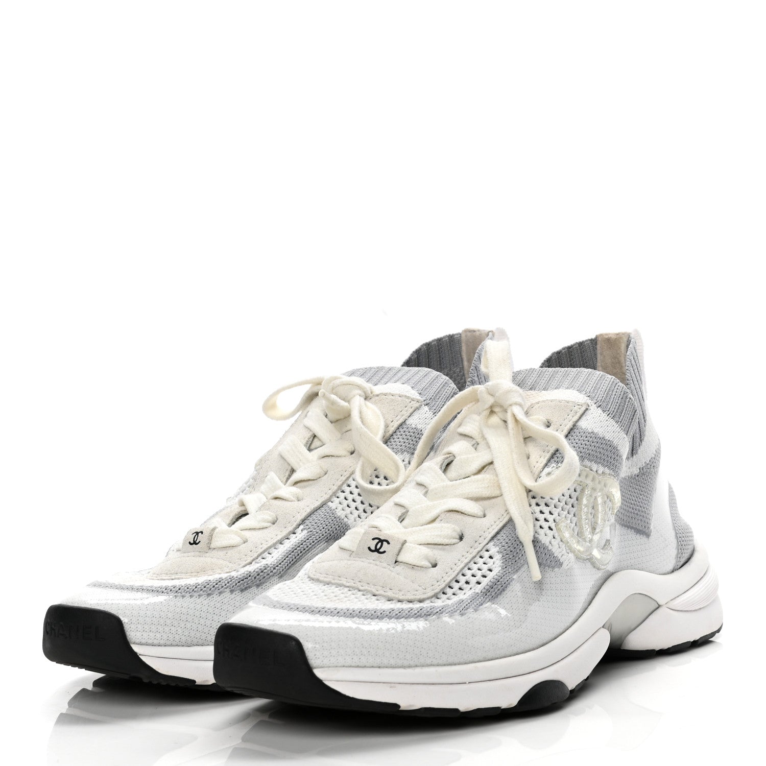 Chanel Fabric Suede Calfskin Stretch CC Sneakers 38.5 White Grey 3 of 9