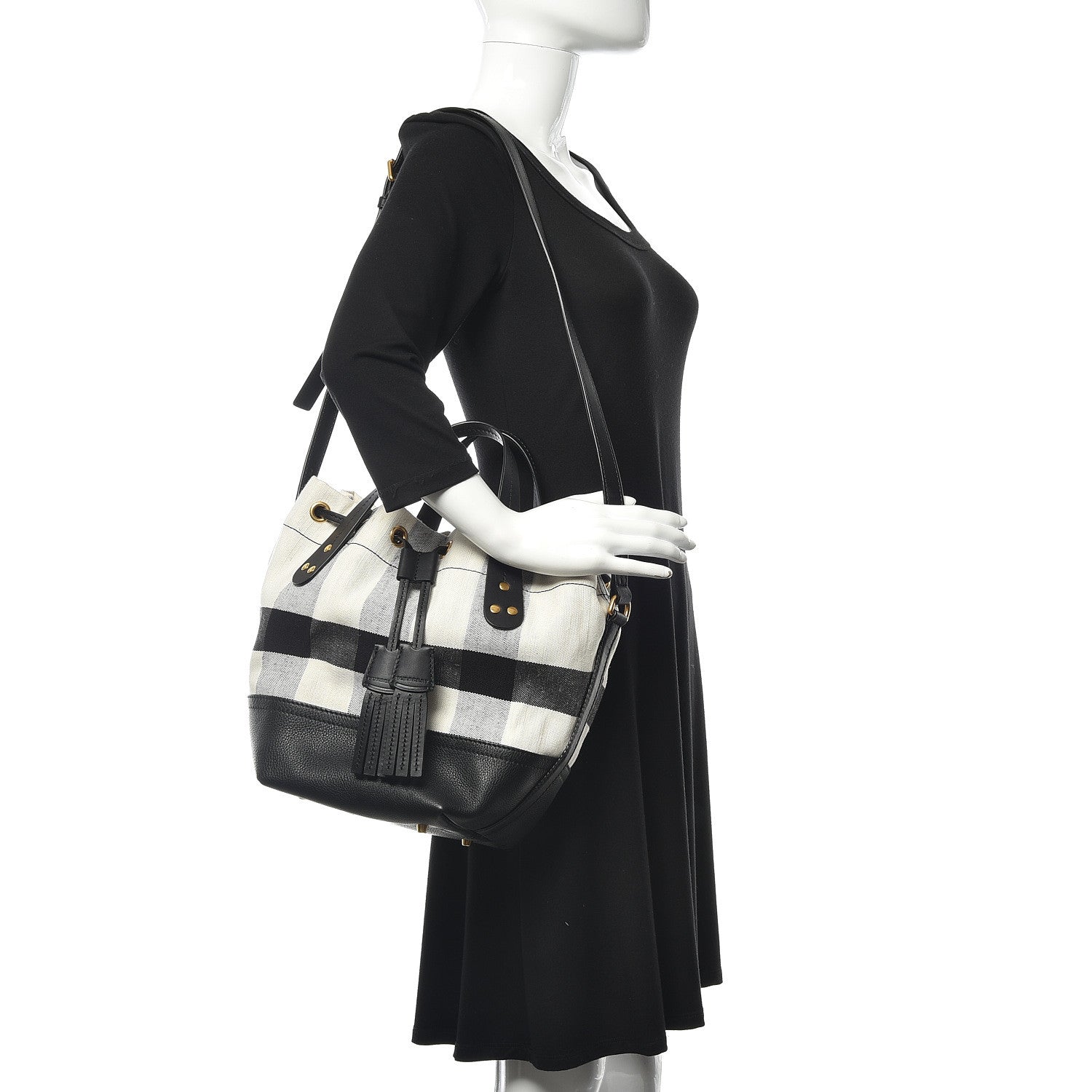 Burberry Canvas House Check Small Bucket Black White 2 of 12
