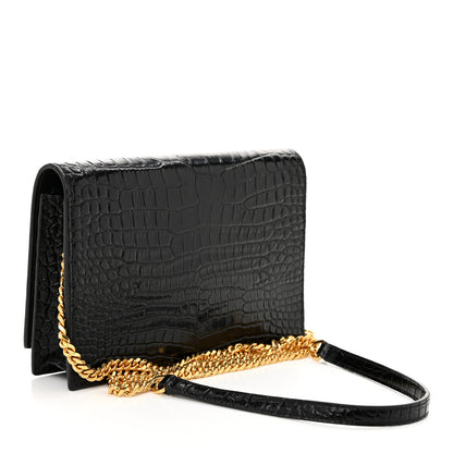 Saint Laurent Calfskin Crocodile Embossed Kate Monogram Tassel Chain Wallet Black 3 of 9